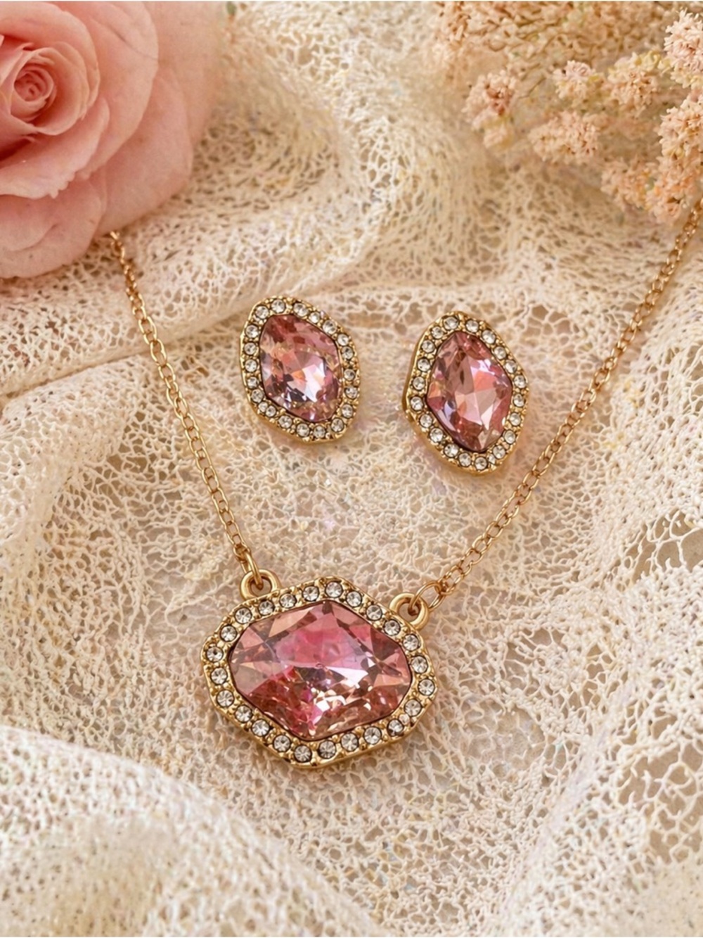Blush Sparkle Jewelry Set – Pink Crystal Necklace & Earrings (New in Box)